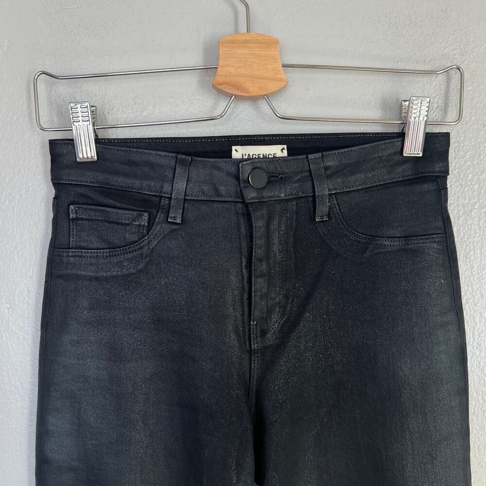 L'AGENCE Black Kendra Coated Cropped Flare Jeans Raw Hems Size 25 Stretch Kick - Picture 4 of 11